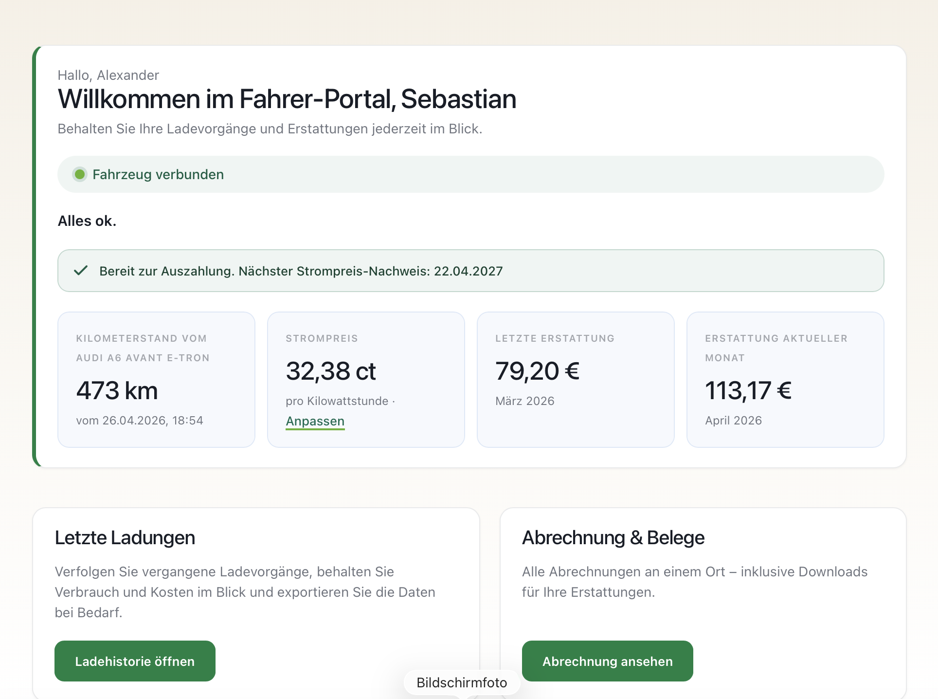 Driver-Portal Dashboard mit Erstattungs-KPIs, gekoppeltem Fahrzeug, aktuellem Strompreis und Quick-Links zu Ladehistorie und Abrechnung.